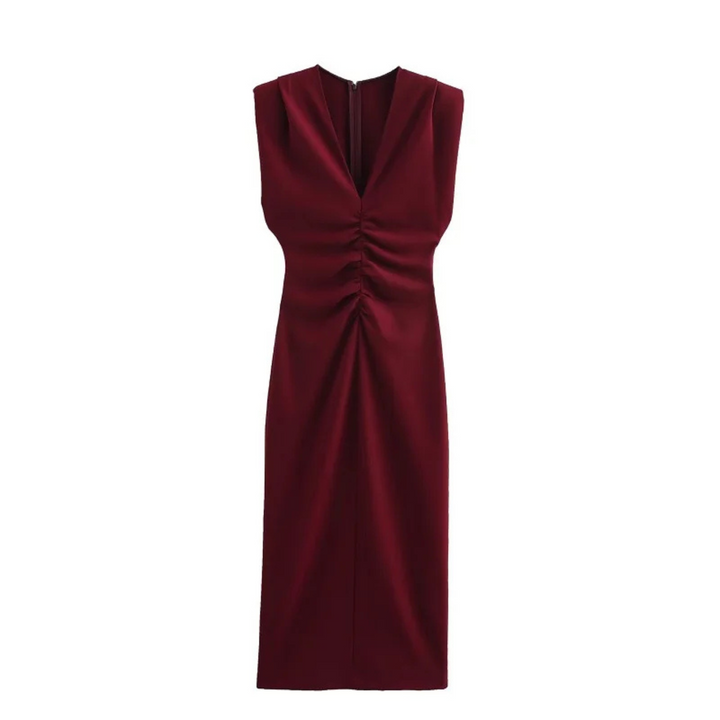 Ingrid | Ärmelloses, elegantes Midikleid mit Drapierung für Abend und Party