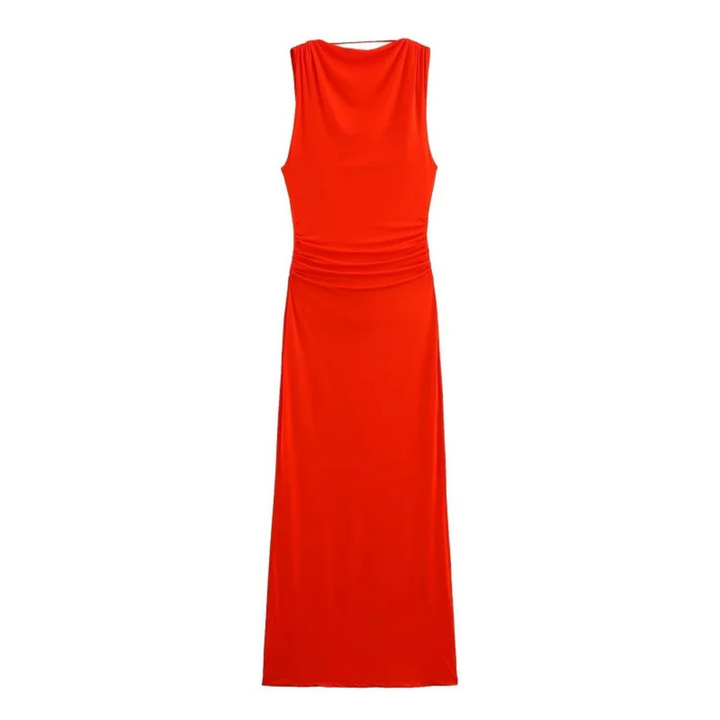 Sabine | Orangenfarbenes plissiertes Maxikleid