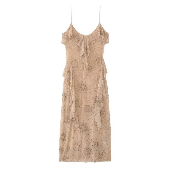 Renate | Glitzerndes rückenfreies Sommerkleid mit Rüschen