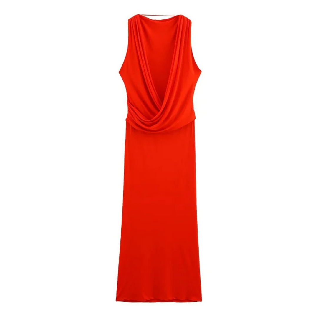 Sabine | Orangenfarbenes plissiertes Maxikleid