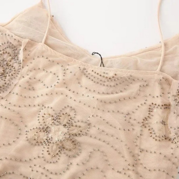 Renate | Glitzerndes rückenfreies Sommerkleid mit Rüschen